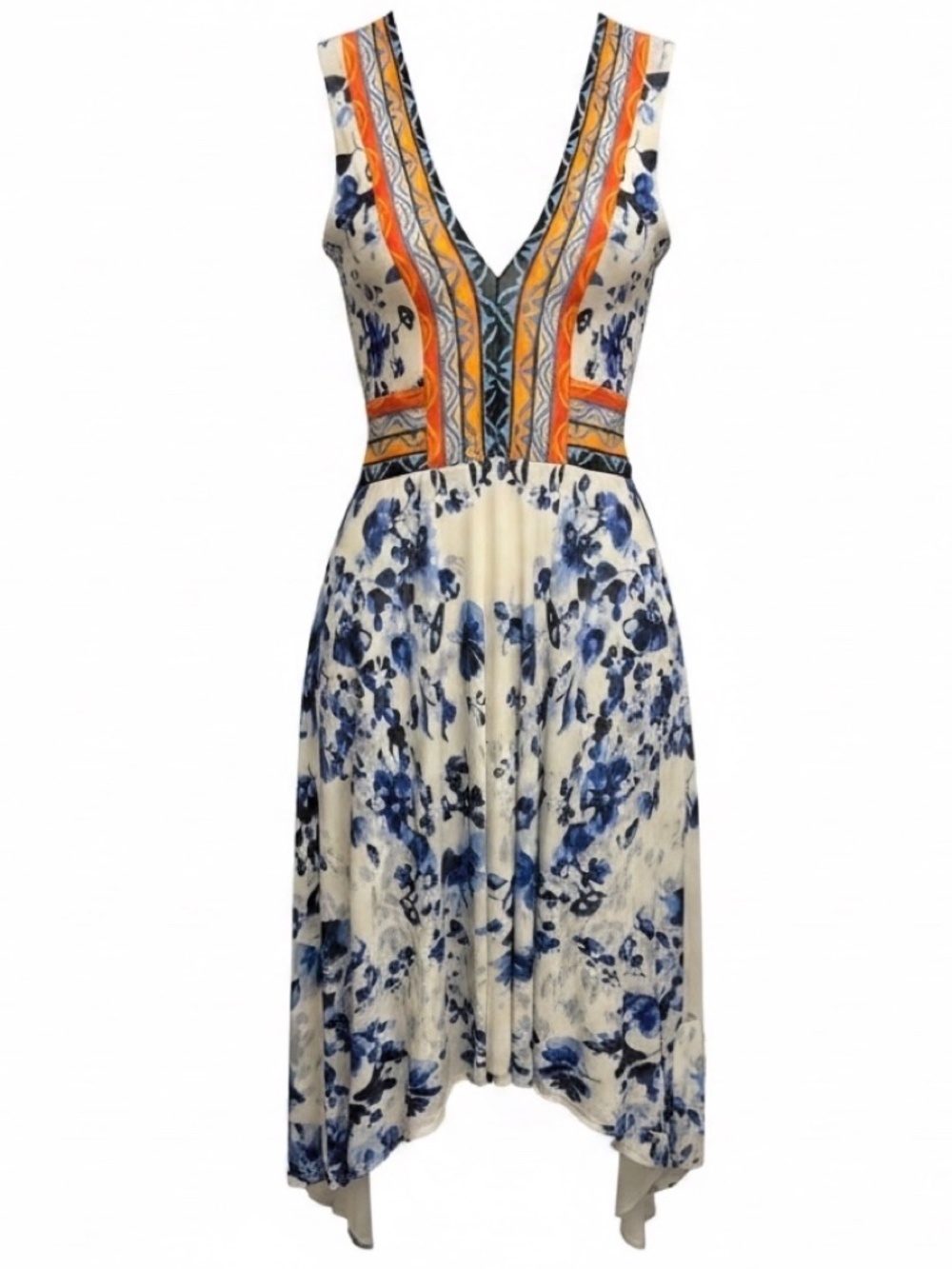 FUZZI CREAM / BLUE / ORANGE MULTI FLORAL PRINTED SLEEVELESS V-NECK MESH MIDI DRE